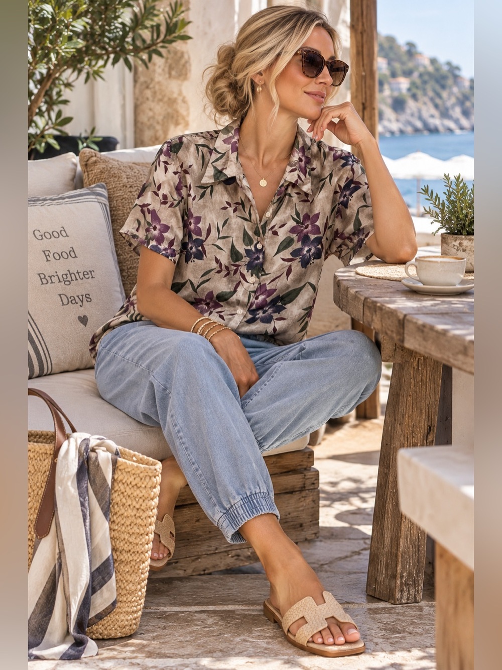 Women’s Floral Short Sleeve Silk Button-Up Shirt in Beige and Purple